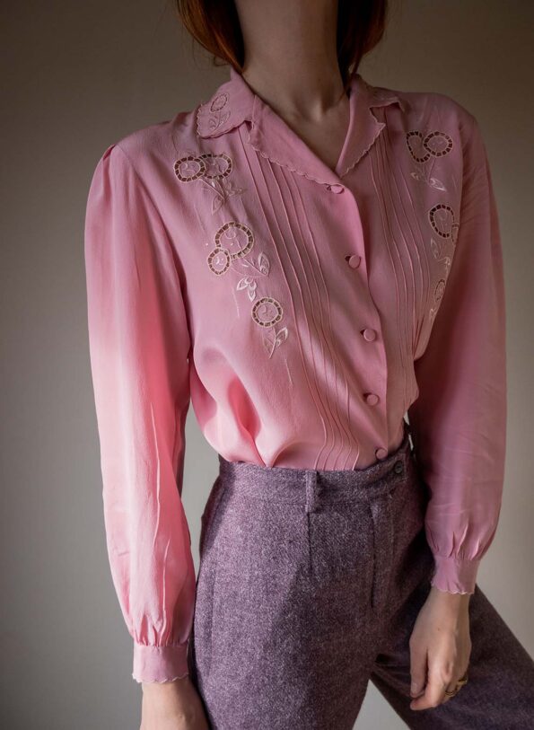 The silk soft pink embroidered blouse - Size up to 36 - Image 8