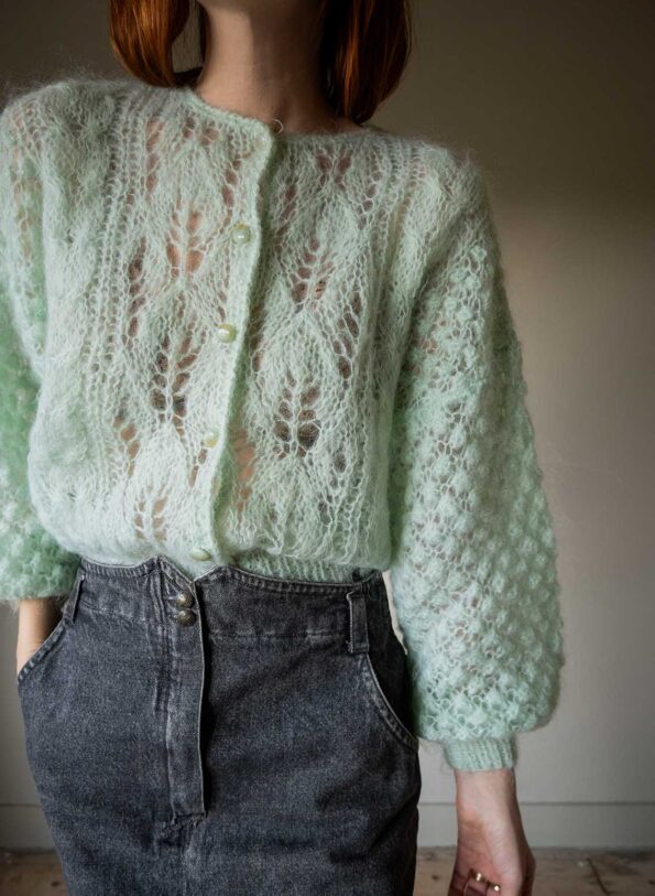 The mint loose knitted cardigan with puffy sleeves - Size up to 38