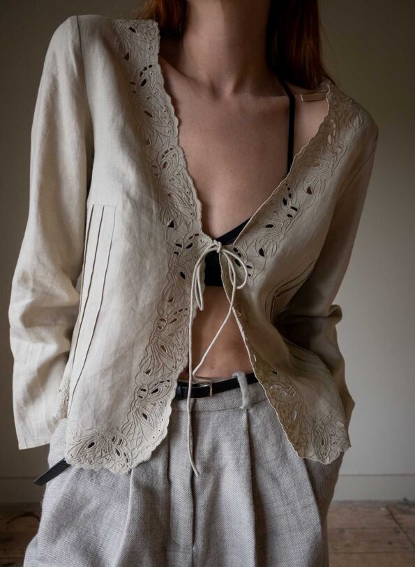 The linen beige open worked blouse - Size up to M - Image 2