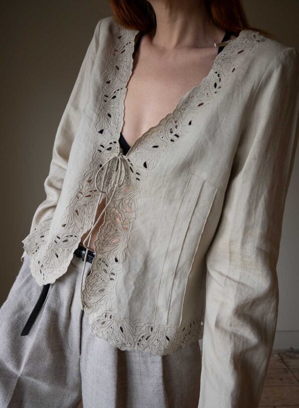 The linen beige open worked blouse - Size up to M - Image 3