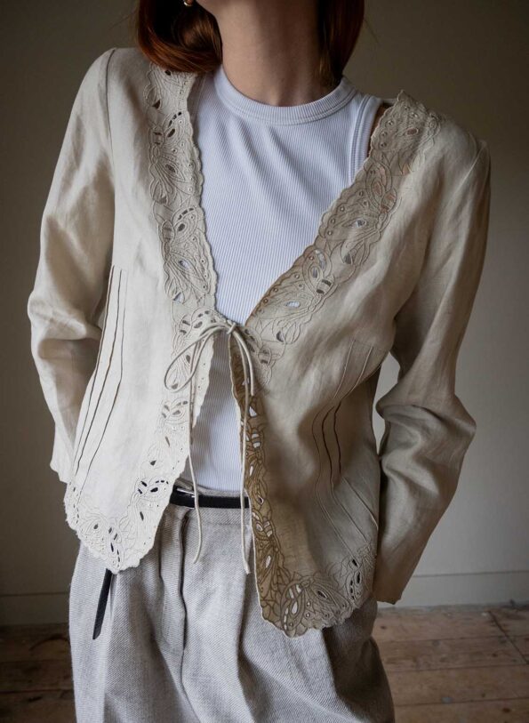 The linen beige open worked blouse - Size up to M - Image 4