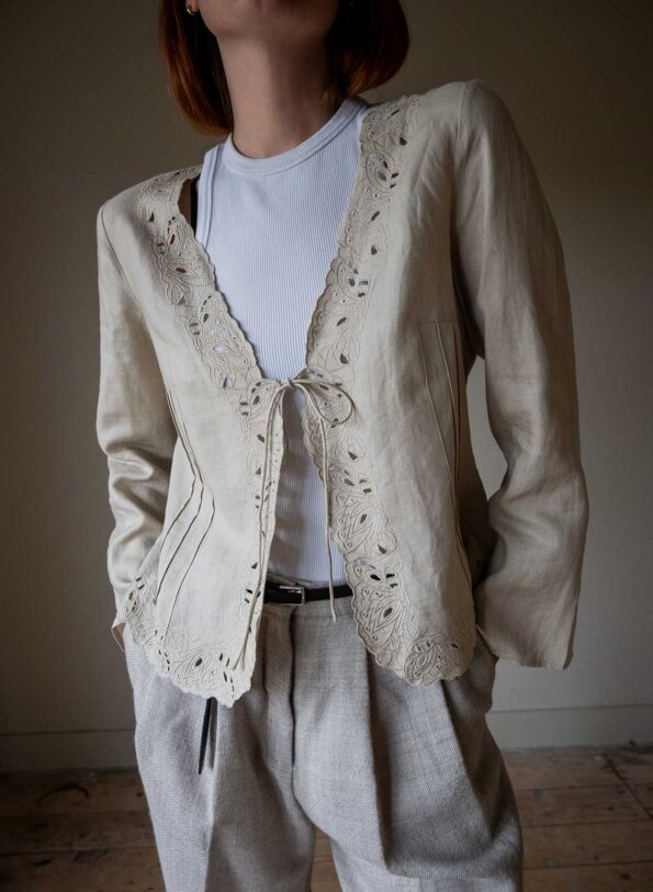 The linen beige open worked blouse - Size up to M