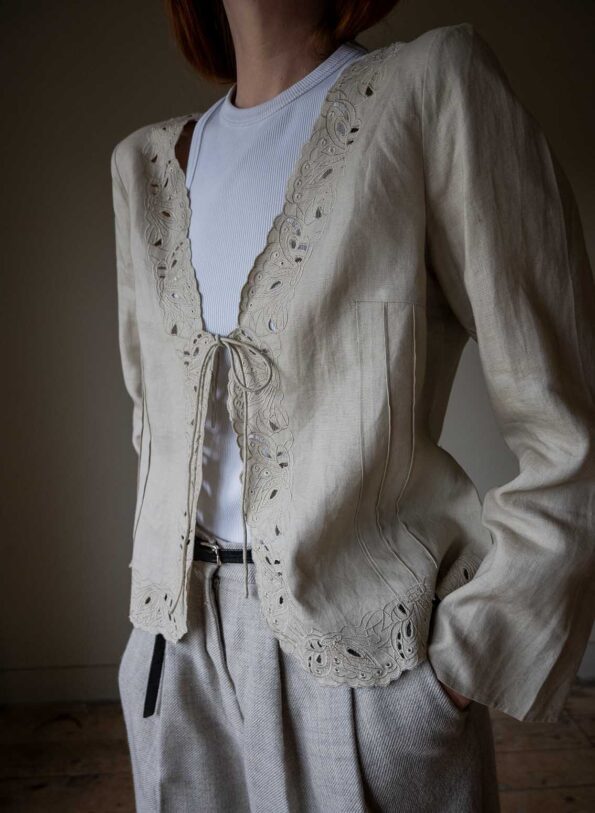 The linen beige open worked blouse - Size up to M - Image 5