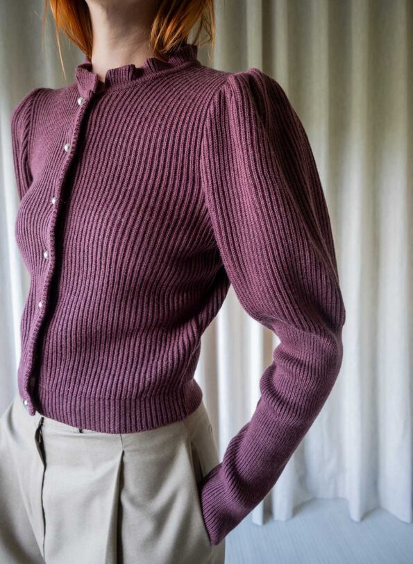 The 100% wool frill knit cardigan in dark raspberry - Size up to S - Image 6