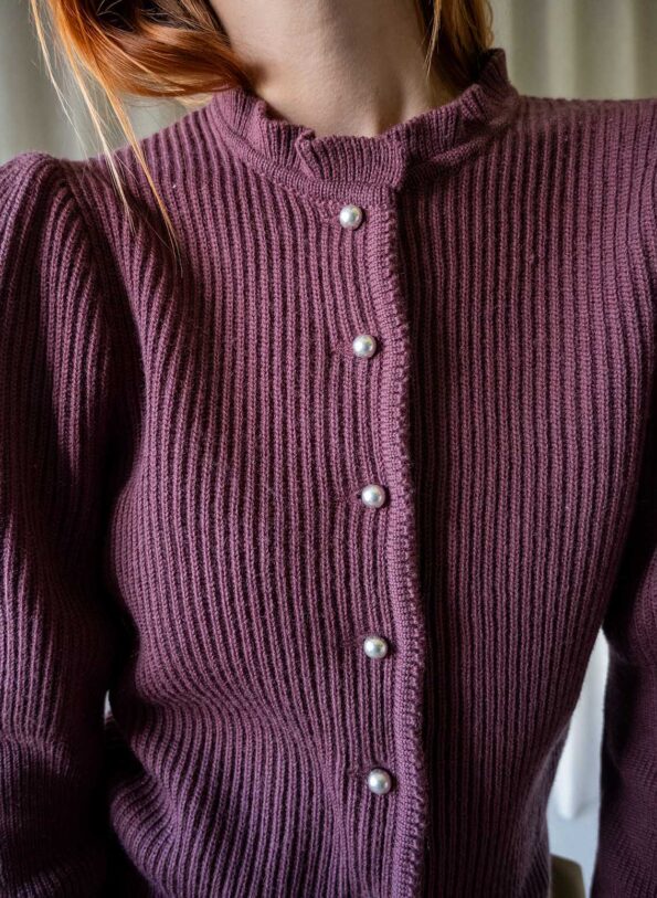 The 100% wool frill knit cardigan in dark raspberry - Size up to S - Image 2