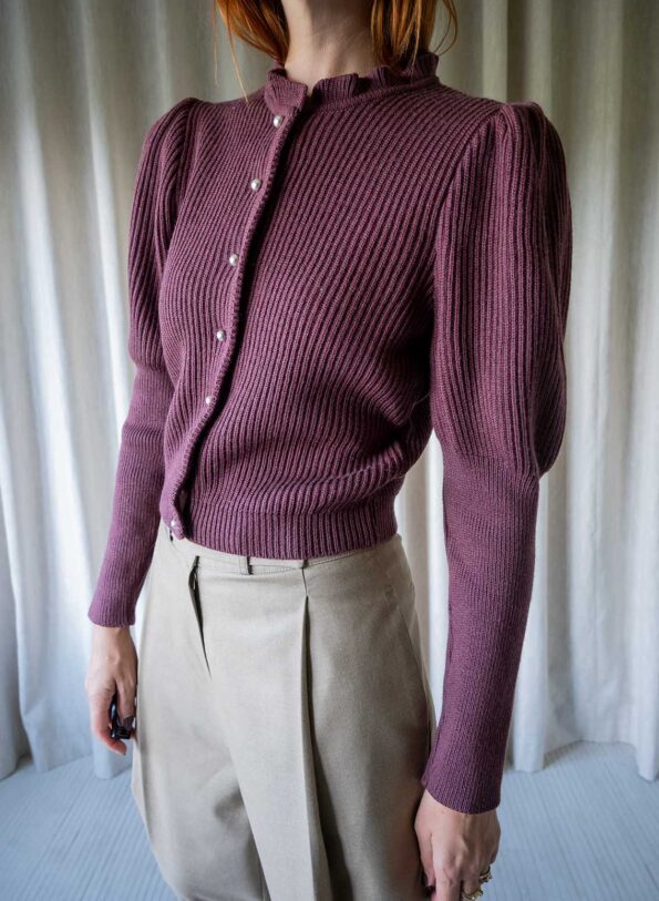 The 100% wool frill knit cardigan in dark raspberry - Size up to S