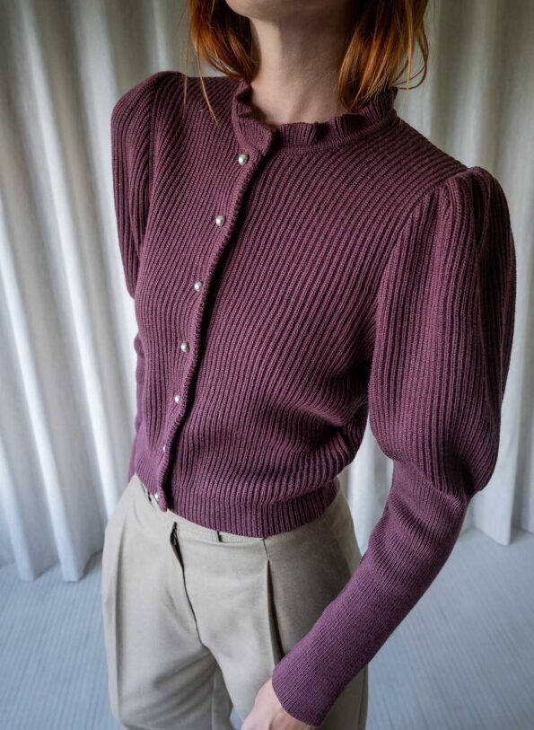 The 100% wool frill knit cardigan in dark raspberry - Size up to S - Image 8