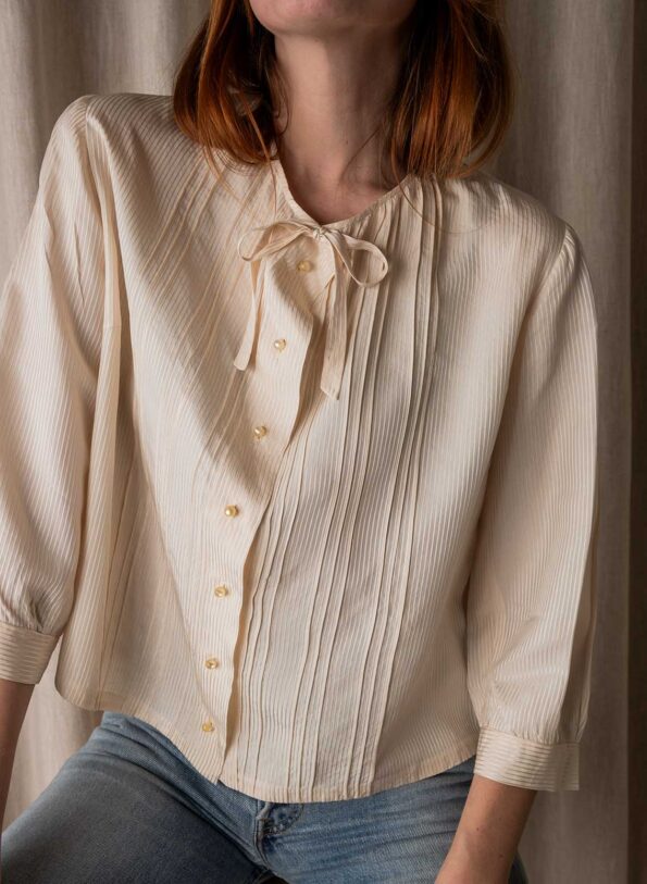 The cream pintuck bow blouse in silk - Size up to 36