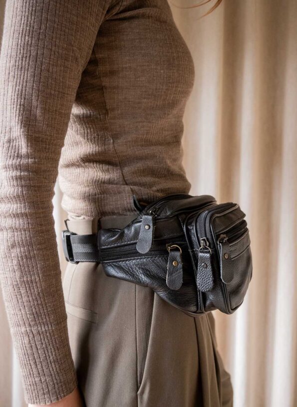 The black 100% leather bum bag