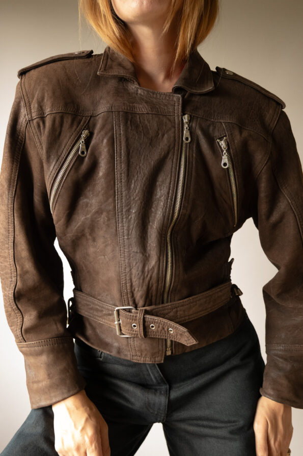 The chocolate brown 100% leather biker jacket - Size up to S - Image 7