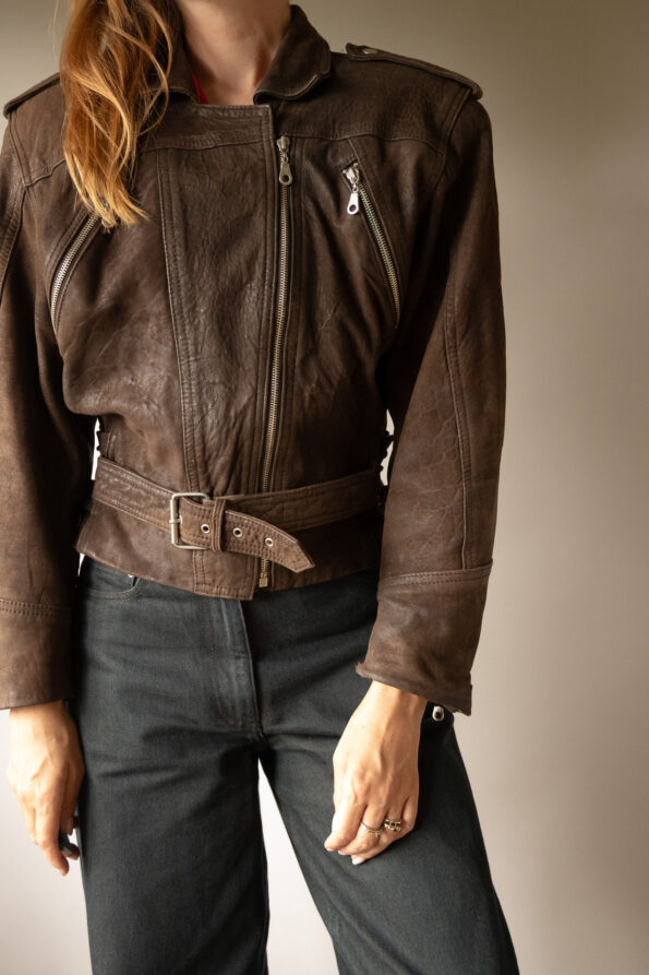 The chocolate brown 100% leather biker jacket - Size up to S - Image 6