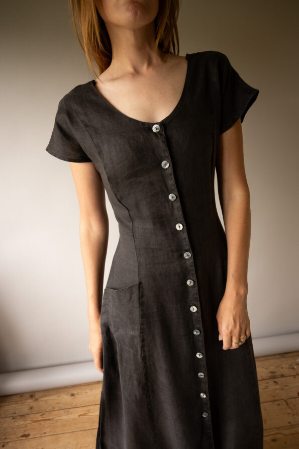 The 100% linen dark brown button dress - Size up to M
